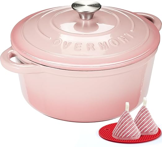 Overmont Olla de Hierro Fundido - Antiadherente Cacerola Holandesa de Esmaltado con Tapa - Ø28 CM Redonda Cacerola Holandesa para Cocinas de Inducción - Rosa
