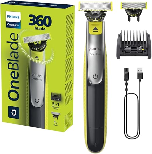 Philips OneBlade 360 - Maquinilla de Afeitar Híbrida, Barbero Eléctrico y Afeitadora, 2 Cuchillas 360, Peine-Guía Ajustable 5 en 1 (modelo QP2734/30)