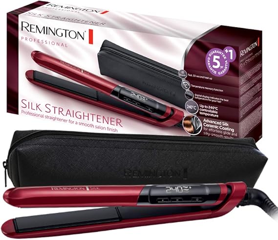 Remington Plancha Pelo 150-235 °C, revestimiento cerámica doble con proteínas de seda para un cabello suave y brillante Silk apagado automático, función de memoria, hasta 240 °C plancha S960