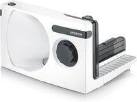 SEVERIN - Cortafiambres eléctrico con corte 0 - 15 mm, cortadora de fiambre apta para carne, pan y queso, máquina para cortar, rebanadora con protector de dedos, Blanco, 100 W, AS 3912
