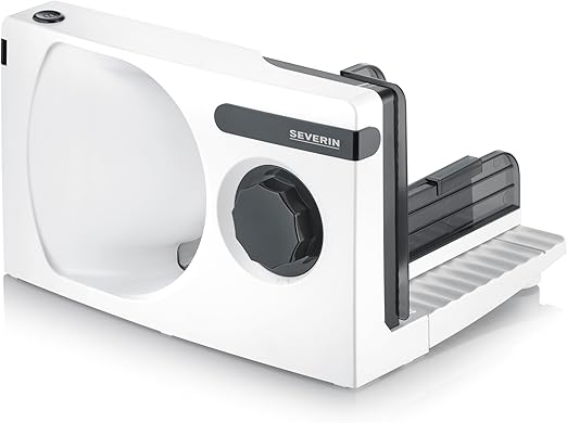 SEVERIN - Cortafiambres eléctrico con corte 0 - 15 mm, cortadora de fiambre apta para carne, pan y queso, máquina para cortar, rebanadora con protector de dedos, Blanco, 100 W, AS 3912