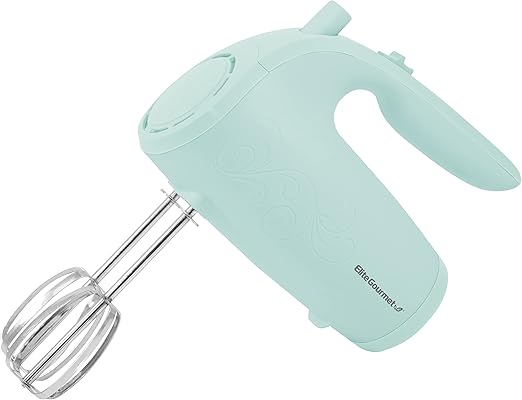 Elite Gourmet EHM003M Ultra Power Küchenhandmixer, elektrisch, 5 Gang, mit 2 extra breiten Edelstahl-Rühren für glatte, cremig geschlagene Mischungen, plus praktische Rühreraufbewahrung, mintblau