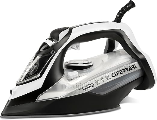 G3 Ferrari Plancha de vapor Eliseo 3000 G40024, 3000 W, 91 microagujeros, 25 g/min con golpe de vapor de 140 g/min, funciones de limpieza automática, sin goteo ni cal, 450 cc, color blanco y negro