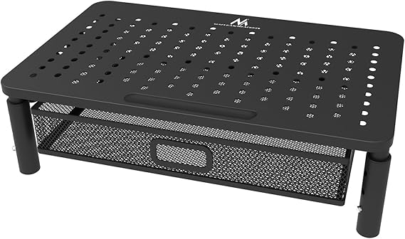 Maclean MC-947 Soporte Ergonómico para Monitor/Portátil con Cajón, Tamaño de Pantalla de 13 a 32 pulgadas, Altura Ajustable, Superficie Perforada