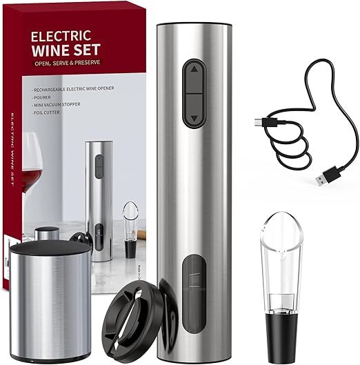CIRCLE JOY 4 en 1 Abridor de Vino Eléctrico Recargable, Juego de Sacacorchos de Acero Inoxidable con Cortador de Papel, Aireador de Vino y Tapón de Vacío