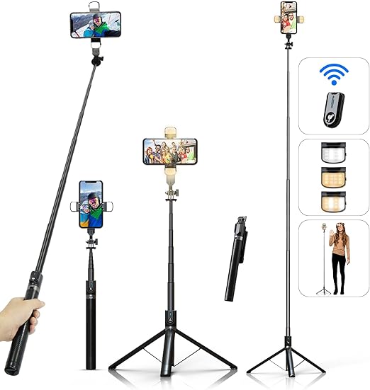 ASHINER Palo Selfie Tripode para Movil - 180cm Soporte de Teléfono con Control Remoto y Luces LED de Relleno para Viajes, Vlogging, Video, Fotos, Compatible con iPhone, Android