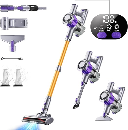 EUARY 40KPa/450W Aspiradora sin Cable, aspiradora sin Cable Potente hasta 50 Mins, con Smart Screen y Cepillo Antienredos, Alfombra Pelo Mascota Suelo Sofá (Purple Gold)