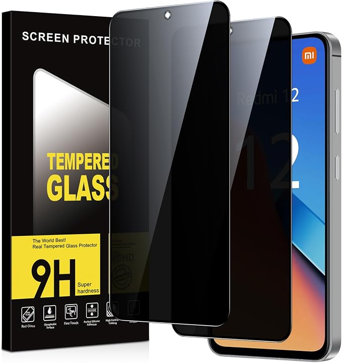 Xiltlly Protector Pantalla Privacidad para Xiaomi Redmi 12 4G/5G 2 Piezas,Anti Espía Cristal Templado,Anti-Espía Vidrio Película,9H Dureza,Anti-Arañazo,Sin Burbujas,Privacy Screen Protector