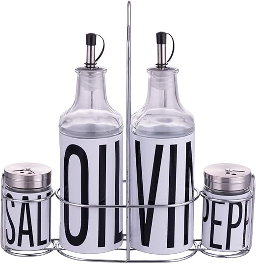 Villa d'Este Home Tivoli Set de condimento de aceite, vinagre, sal y pimienta de vidrio y acero inoxidable, soporte de hierro, blanco, Bigismore