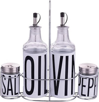 Thumbnail for Villa d'Este Home Tivoli Set de condimento de aceite, vinagre, sal y pimienta de vidrio y acero inoxidable, soporte de hierro, blanco, Bigismore