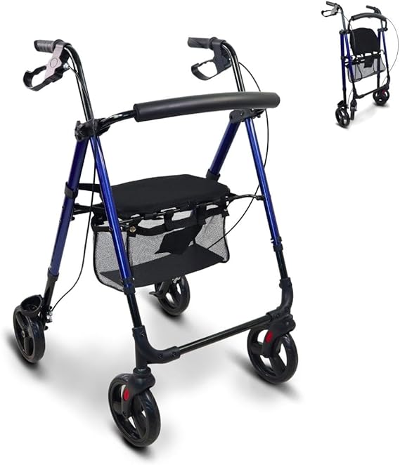 Mobiclinic®, Andador para adultos, Plegable, Ligero, De aluminio, Regulable patas y asiento, Con 4 ruedas, Marca española, Sujeta bastones, Cesta, Augusto, Azul