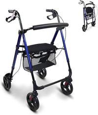 Mobiclinic®, Andador para adultos, Plegable, Ligero, De aluminio, Regulable patas y asiento, Con 4 ruedas, Marca española, Sujeta bastones, Cesta, Augusto, Azul