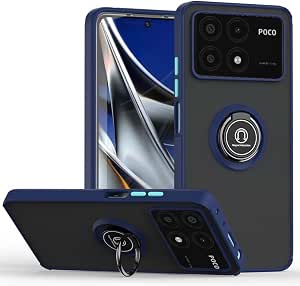 SEAHAI Funda para Xiaomi Poco F6 Pro 5G Estuche, Translúcida Escarchado Duro PC Carcasa Antigolpes TPU Bumper Silicona Cubierta con 360° Anillo Soporte de Metal, Azul Real