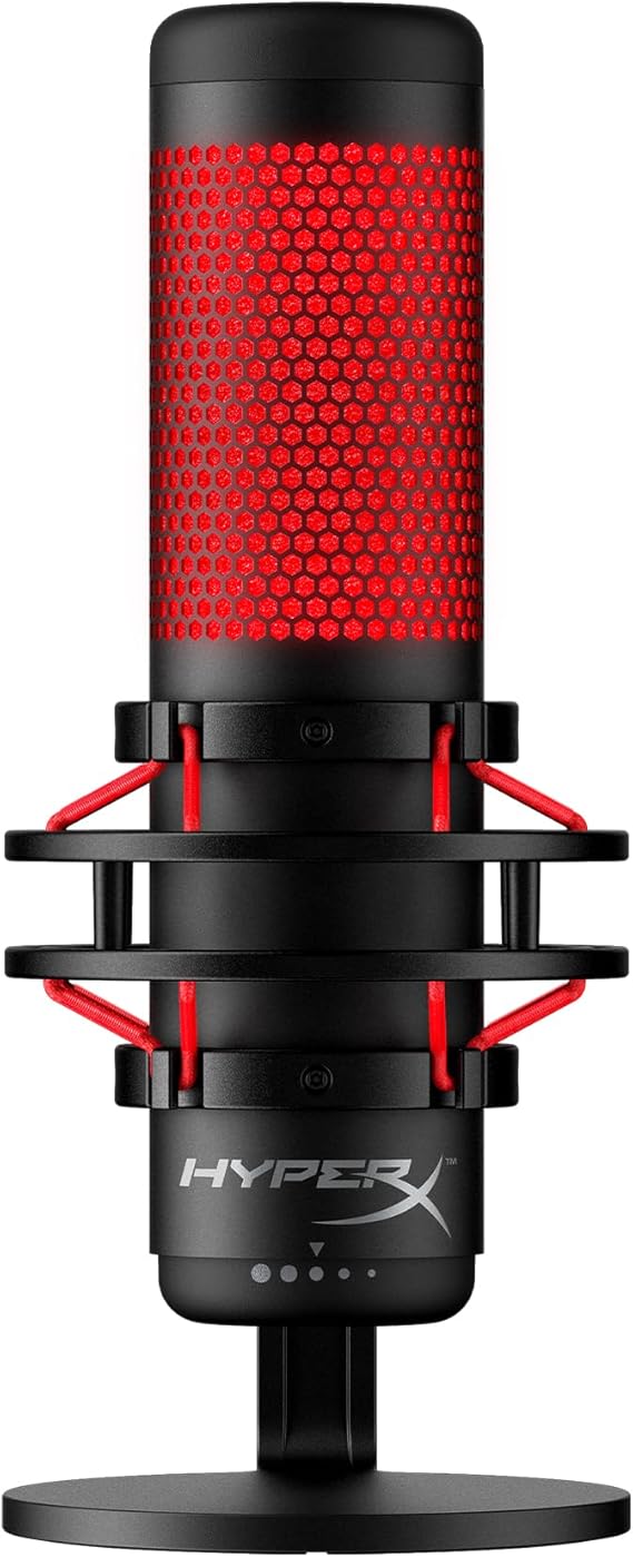 HyperX QuadCast - Micrófono de condensador USB, soporte de choque antivibración, cuatro patrones polares, filtro pop, control de gacia, para PC, PS4, PS5 y Mac, Negro y Rojo