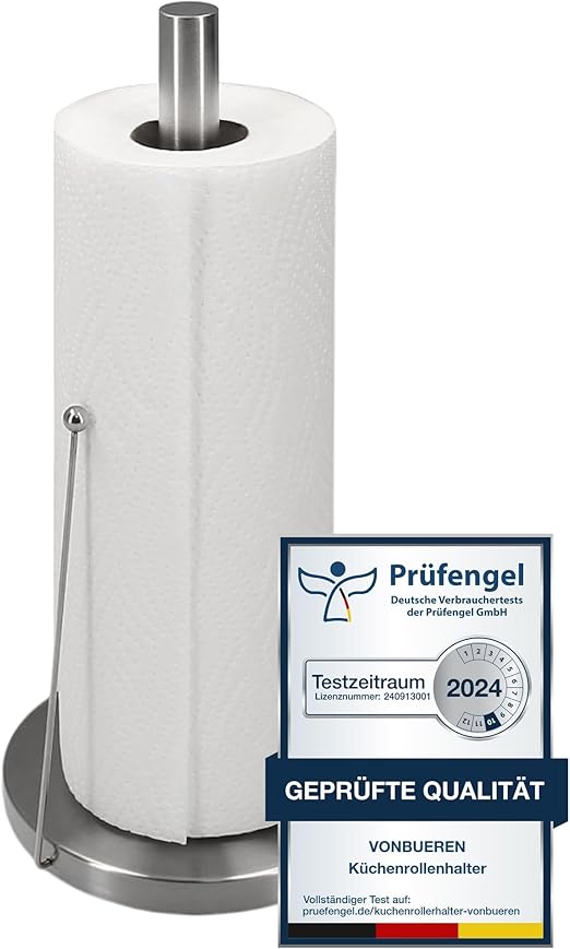 VonBueren Portarrollos de Papel Cocina de pie 32 x 15 cm | Acero Inoxidable | Porta Rollos de Papel Cocina Plateado | Soporte para Rollo de Papel Cocina | Portarrollos para Cocina | para encimera