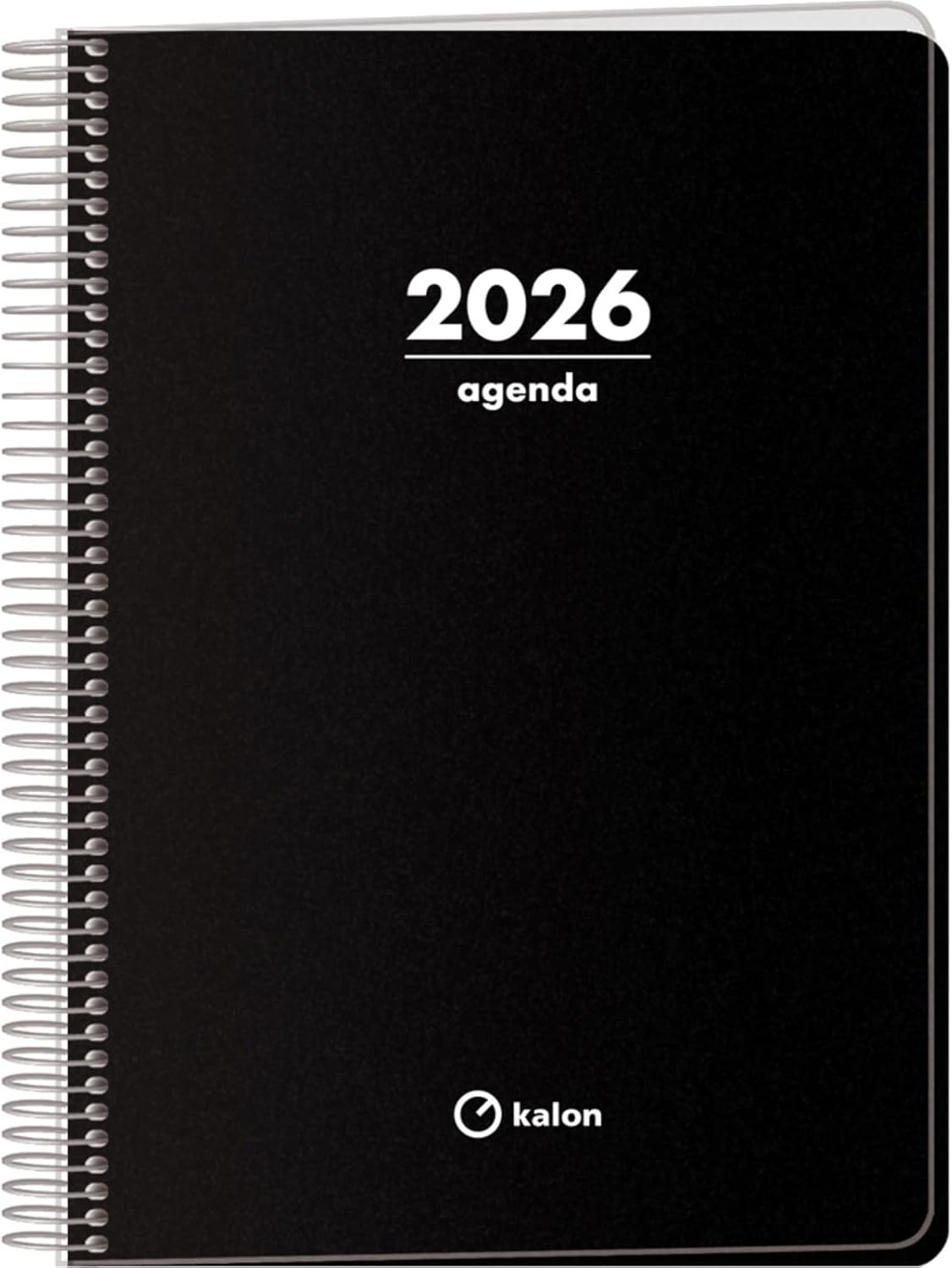 Q Kalon - Agenda 2026 - Día Página, Tamaño A5 (15x21 cm), Planificador Anual Multidioma (ESP, ING, FR y ALE), Cierre de Anillas, Tapa de Cartulina y Plástico Protector - Planner