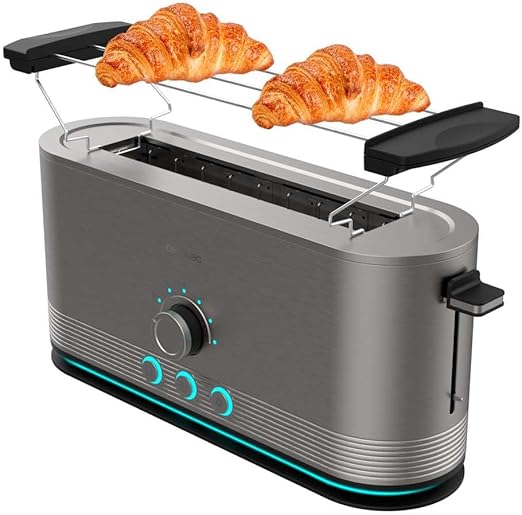 Cecotec Tostadora Vertical de Acero con Ranura Larga Shine&Toast Extra. 1050W, Capacidad para 2 Tostadas, Ranura Ancha de 3,8cm, Anillo Luminoso, 7 Niveles de Tostado, Varillas Superiores