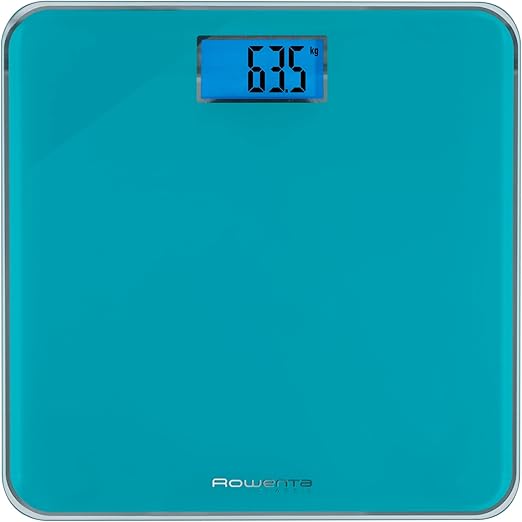 Rowenta Classic BS1503 - Báscula de baño con Pantalla LCD, Compacta, Capacidad de 160 kg, Plataforma de Vidrio y Apagado Automático que Incluye Pilas, color Turquesa