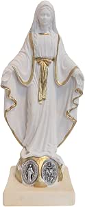 OVUNQUE PROTEGGIMI Estatua de la Virgen Milagrosa o Inmaculada Concepción 10 cm, en Polvo de mármol. Pequeña Figura de la Virgen, Medalla milagrosa de Metal.