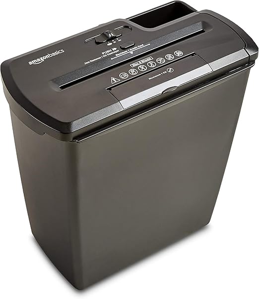 Amazon Basics Destructora de papel, tarjetas de crédito y CD con recipiente separable corte en tiras, capacidad de hasta 7-8 hojas negro, 32.5 L x 16.5 W x 33 H cm, 2.8 kg