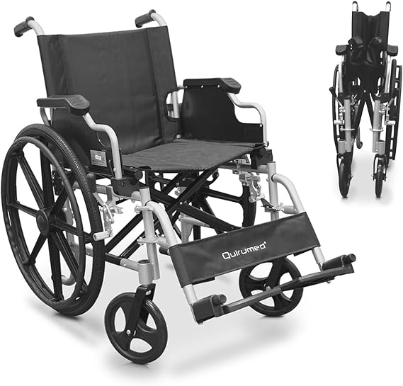 QUIRUMED Silla de ruedas de aluminio, Plegable, Asiento 48 cm, Reposabrazos abatibles y desmontables, Reposapiés abatibles, Frenos de mano, Para mayores, Para minusválidos
