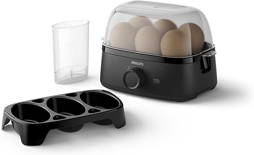 Philips Cuece huevos Serie 3000, Tamaño familiar hasta 6 huevos (blandos, medios, duros, escalfados), Fácil de limpiar, Bandeja para escalfar y perforador de huevos, 400 W, Diseño compacto (HD9137/90)
