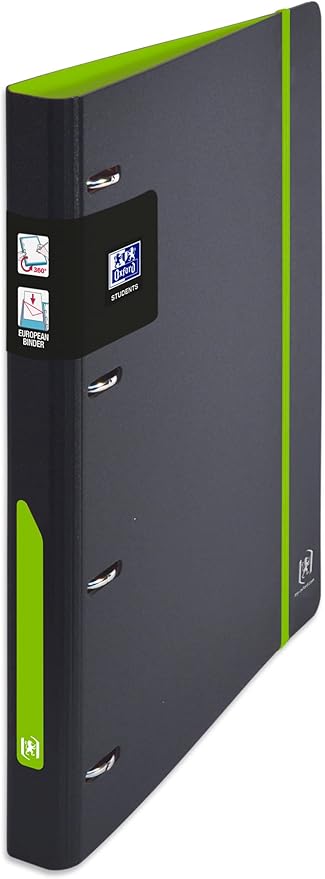OXFORD Classeur à Anneaux European Binder For Students A4 Dos 30mm 4 Anneaux en D Couverture Polypro Expansé Bicolore Noir/Vert