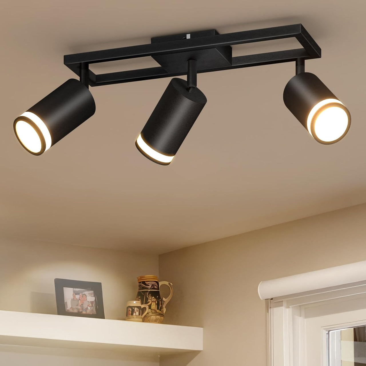 Dehobo Lámpara de Techo de 3 Focos Giratorios GU10, Lámpara de Pared Interior LED Negro Orientables, Foco de Pared para Interior Iluminación para Dormitorio Pasillo Cocina Comedor, Sin Bombilla