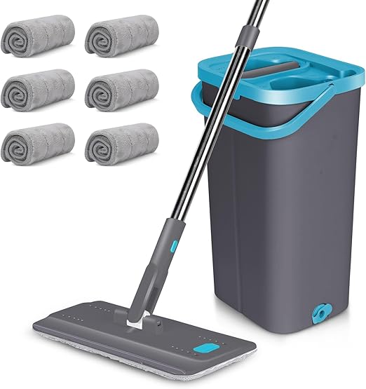 MASTERTOP Fregona plana y cubo escurridor, fregona giratoria a 360° y cubo de lavado de coches, fregona de manos libres de microfibra, con 6 almohadillas reutilizables (gris oscuro)