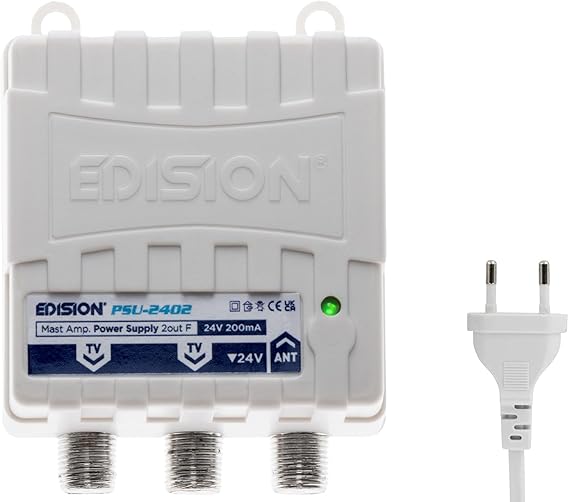 EDISION PSU-2402 Alimentatore per Amplificatore da palo Antenna TV, con connettore F, DC 24V 200mA, Frequenze 5-862Mhz, 1 ingresso, 2 uscite