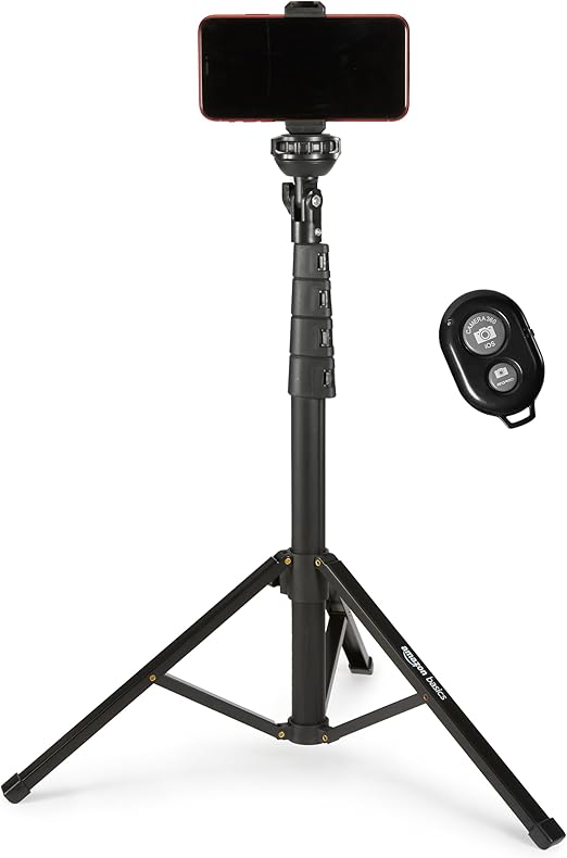 Amazon Basics Trípode extensible hasta 162 cm para smartphones iPhone, modo palo selfie y modo trípode para teléfono, color negro