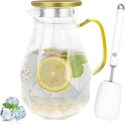 Gentpovth Jarra de Vidrio de 2,2 Litros con Tapa de Acero Inoxidable, botella cristal boca ancha, con cepillo suave de limpieza, para bebidas frías y calientes, fría Caliente té, jugo casero