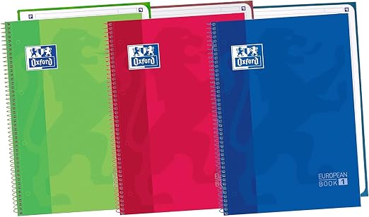 Oxford, Cuadernos A4, Pack de 3 Libretas A4 Microperforadas Europeanbook 1, Tapa Extradura, Espiral, A4+, Cuadrícula 5x5, Colores Vivos