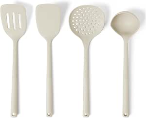 Amazon Basics Cucchiai e Mestoli da Cucina in Silicone, Set di 4 piezas, Impugnatura Morbida, sin BPA, Lavabili in Lavastoviglie, Grigio Lino