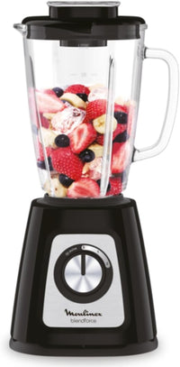 Moulinex Batidora de vaso Blendforce 2 - Jarra de vidrio 1,25 L útil, potencia 800 W, bloqueo inteligente, picadora hielo, smoothies, sopas, salsas, cremas para untar, granizados, color negro, LM4308