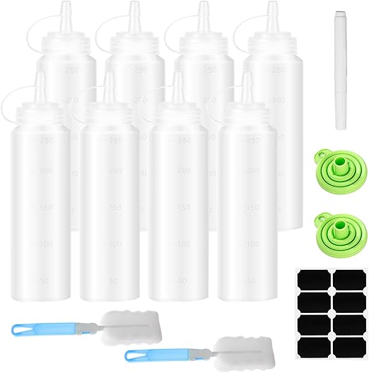 JJZGPP Squeeze Botellas de plástico, 8 unidades, 250 ml, con tapas, sin BPA, sin fugas, para pintar, hornear, ketchup, salsa afilada, aceite de oliva, botella de salsa