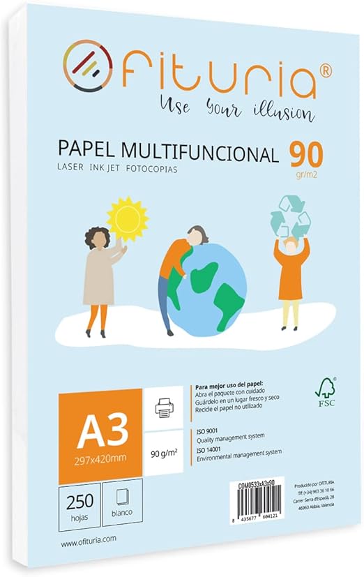 Paquete de folios A3 de 90gr con 250 Hojas Blancas, Papel Multifuncional para Uso Escolar y Entornos Laborales. Ideal con impresoras láser, de inyección o fotocopiadoras - Ofituria
