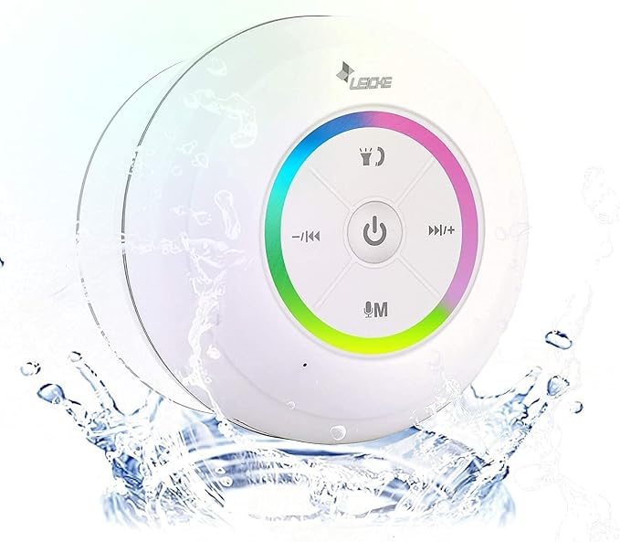 Leicke DJ Roxxx Impermeable Sonido estéreo inalámbrico altavoz ducha Bluetooth, MP3 Altavoz,Extra Bass,Lector microSD, Radio Obra, 8h de Música,Altavoz baño, movil, incluye ventosa, altavoces blancos