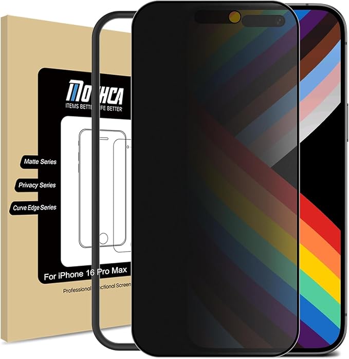Mothca Protector de Pantalla Privacidad Mate para iPhone 16 Pro Max, Cristal Templado Antiespia de Cobertura Total, Antirreflejos y Antihuellas, Dureza 9H, Sin Burbujas, Kit de instalación