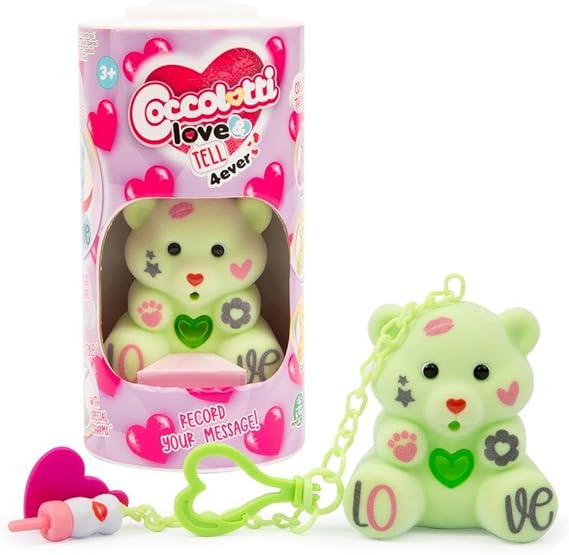 Coccolotti Love&Tell 4ever - Orsetto Verde, Con Funzione Registrazione e Portachiavi Charm, Animali Interattivi Giocattolo,Per Bambini 4 Anni +, Giochi Preziosi