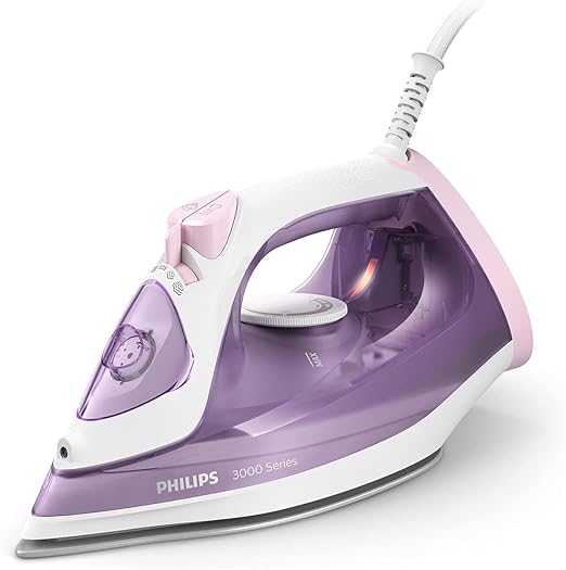 Philips 3000 Series Plancha de Vapor, 2000W de Potencia, Golpe de Vapor de 140g, Vapor Continuo de 30 g/min, Suela Cerámica Antiadherente, Depósito de Agua de 300ml, Sistema Antigoteo (DST3010/30)