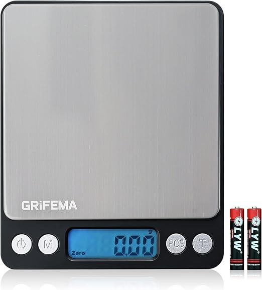 GRIFEMA Küchenwaage Digitale Profi (Hochpräzise 0.01g-500g)- Feinwaage mit LCD Display und 2 Batterien, Briefwaage Abstellautomatik und Tara, Kitchen Scale Klein mit 6 Maßeinheit
