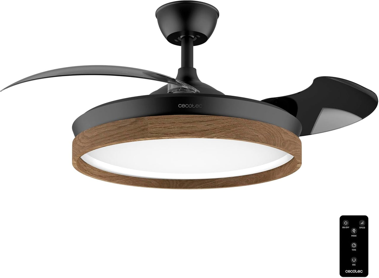 Cecotec Ventilador de Techo con Luz Energysilence Aero 4320 Invisible Wood&negro. 35W, 6 Velocidades, Aspas Retráctiles, Mando A Distancia, Temporizador, Luz Integrada, Intensidad Lumínica Regulable