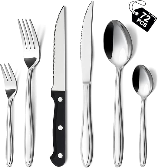 Hunnycook Juego de cubiertos de 72 piezas con cuchillo de carne, acero inoxidable premium, juego de cubiertos para 12 personas, elegante juego de cubiertos con cuchillo, tenedor, cuchara para