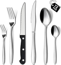 Hunnycook Juego de cubiertos de 72 piezas con cuchillo de carne, acero inoxidable premium, juego de cubiertos para 12 personas, elegante juego de cubiertos con cuchillo, tenedor, cuchara para