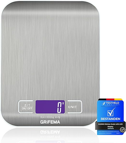GRIFEMA Digitale Küchenwaage (Hochpräzise 1g-5000g), Feinwaage mit LCD Display und 2 Batterien, Waage Küchenwaage Abstellautomatik und Tara, Digitalwaage mit 6 Maßeinheit, Briefwaage Edelstahl