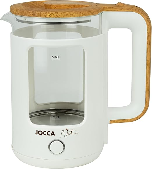 Jocca - Hervidor de Agua Eléctrico 1,8L Línea Nature con Base Giratoria 360° y Cristal Borosilicato, Desconexión Automática, 1500W, Blanco