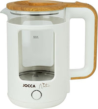 Jocca - Hervidor de Agua Eléctrico 1,8L Línea Nature con Base Giratoria 360° y Cristal Borosilicato, Desconexión Automática, 1500W, Blanco