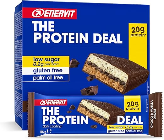 Enervit, The Protein Deal Choco & Vanilla Dream, Barritas Proteicas Enervit, 20g de Proteína, Sabor Vainilla y Chocolate Negro, Snacks Proteicos Sin Gluten, Bajos en Azúcar, 12 x 55g Barritas