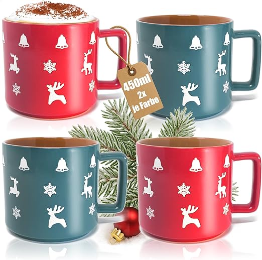 com-four® 4x tazas XL navideñas de porcelana – tazas de 450 ml con motivos invernales – diseño bicolor en verde y rojo (4 diseños navideños - 450 ml)